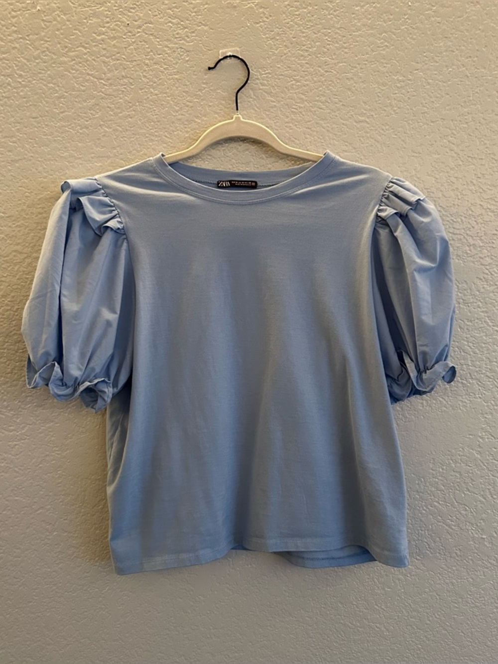 Zara Puff Short Sleeve Tee Shirt Top Blouse Powder Light Blue M